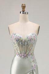Dusty Sage Sweetheart Appliqued Corset Prom Dress With Ruffle Slit
