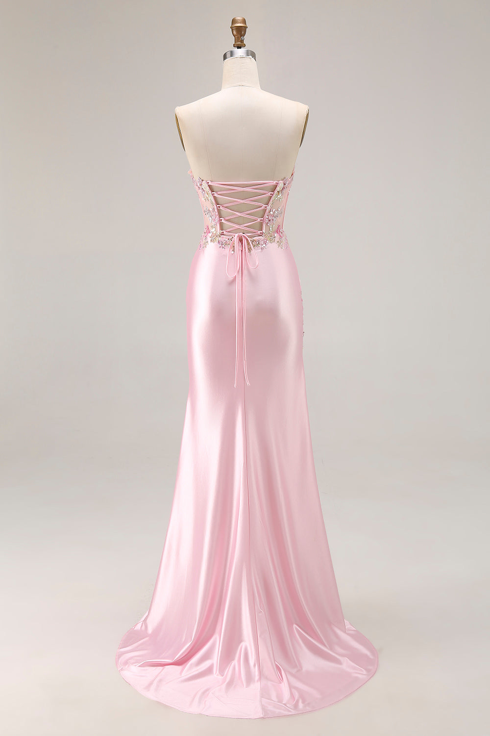 Sweetheart Corset Pink Appliqued Maxi Prom Dress With Slit