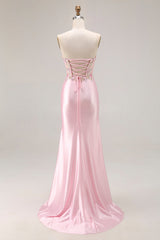 Sweetheart Corset Pink Appliqued Maxi Prom Dress With Slit
