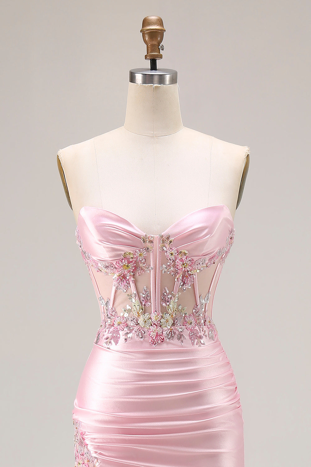 Sweetheart Corset Pink Appliqued Maxi Prom Dress With Slit