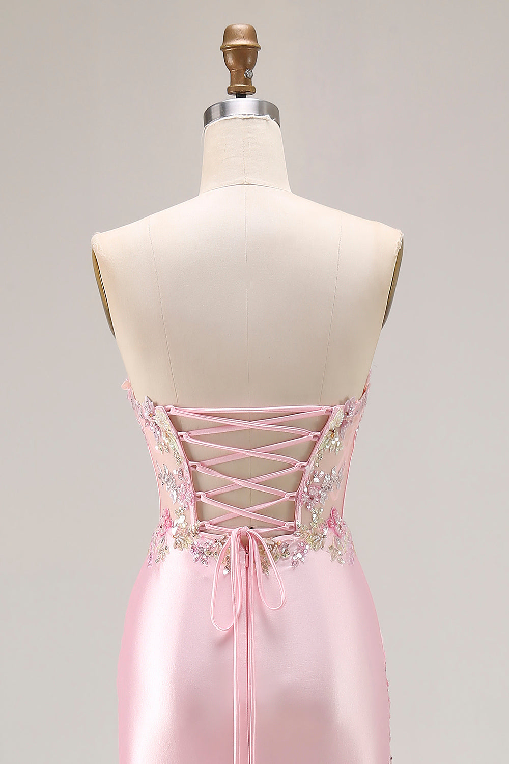 Sweetheart Corset Pink Appliqued Maxi Prom Dress With Slit