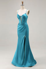 Peacock Blue Mermaid Corset Spaghetti Straps Maxi Prom Dress With Slit