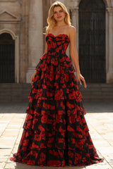 Black Red Flower Sweetheart Corset Ruffled Prom Dress With Slit