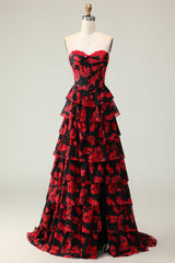 Black Red Flower Sweetheart Corset Ruffled Prom Dress With Slit