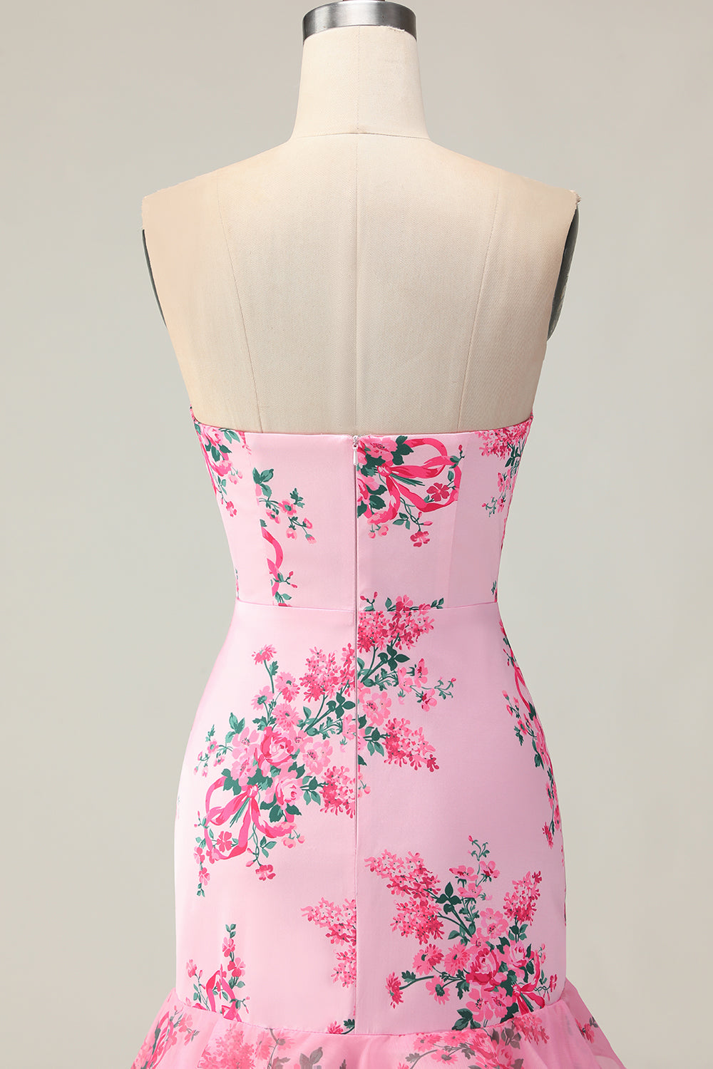Strapless Pink Flower Ruffled Mermaid Prom Dress With Bow