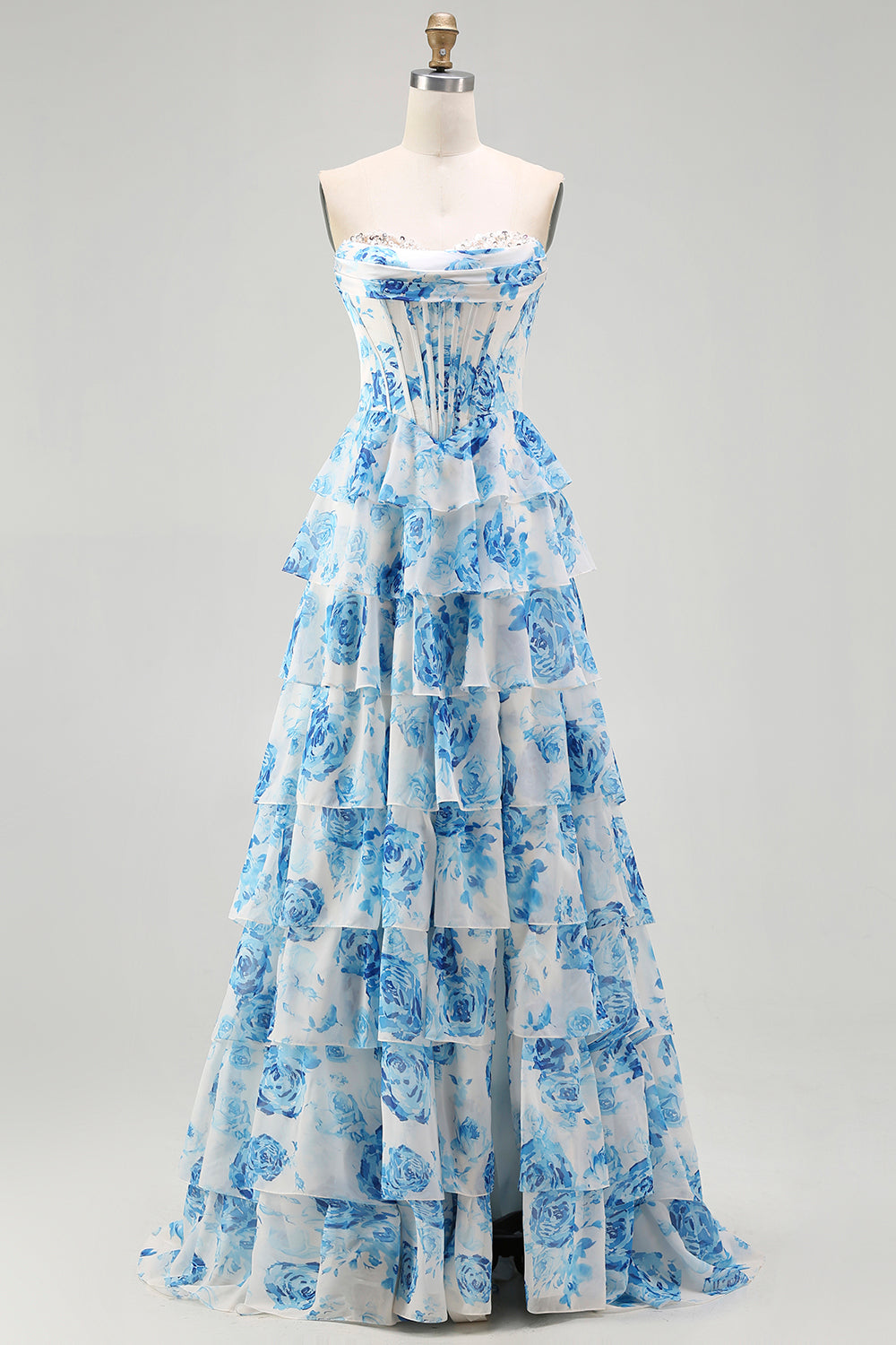 White Pink Flower Tiered A-Line Corset Sweetheart Prom Dress With Slit