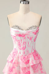 White Pink Flower Tiered A-Line Corset Sweetheart Prom Dress With Slit