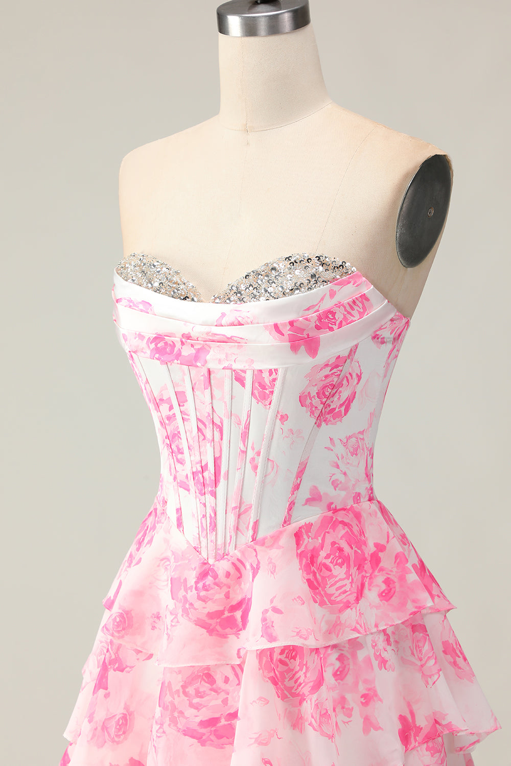 White Pink Flower Tiered A-Line Corset Sweetheart Prom Dress With Slit