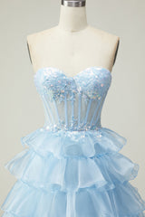 Blue Sweetheart Princess Corset Sequin Prom Dress With Ruffles