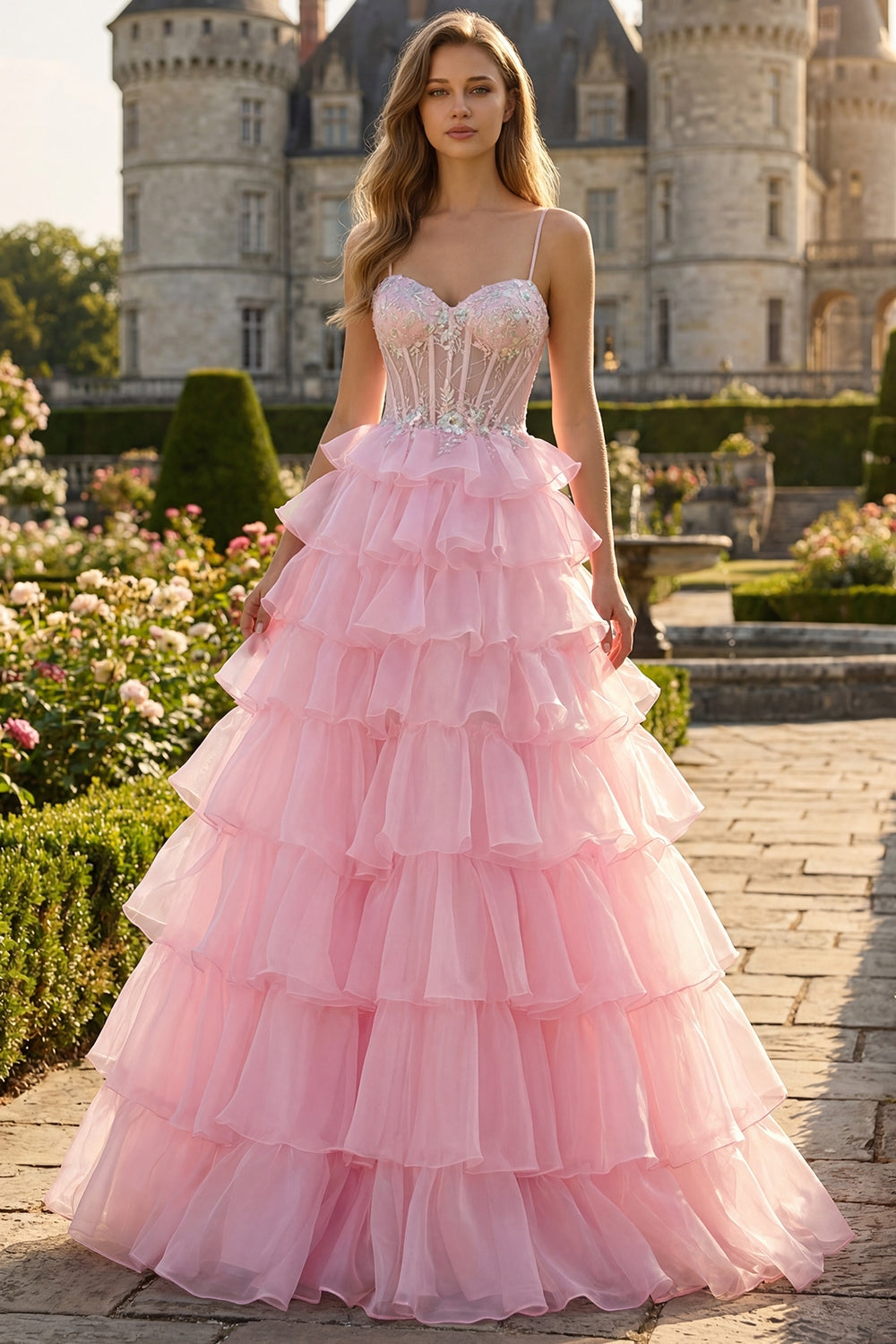 Blue Sweetheart Princess Corset Sequin Prom Dress With Ruffles