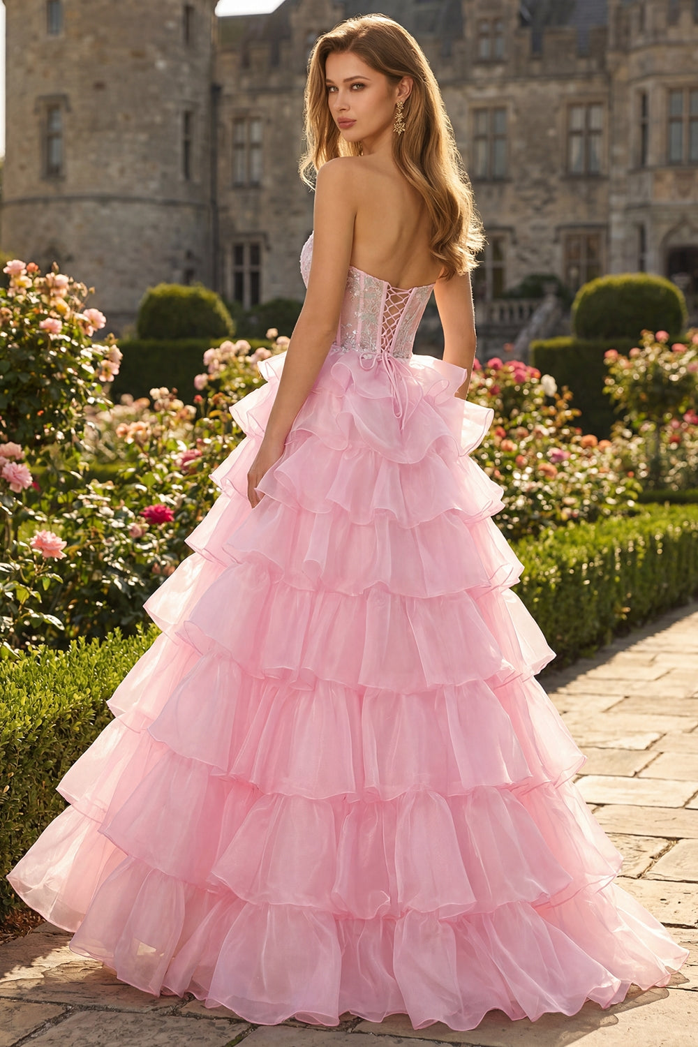 Blue Sweetheart Princess Corset Sequin Prom Dress With Ruffles
