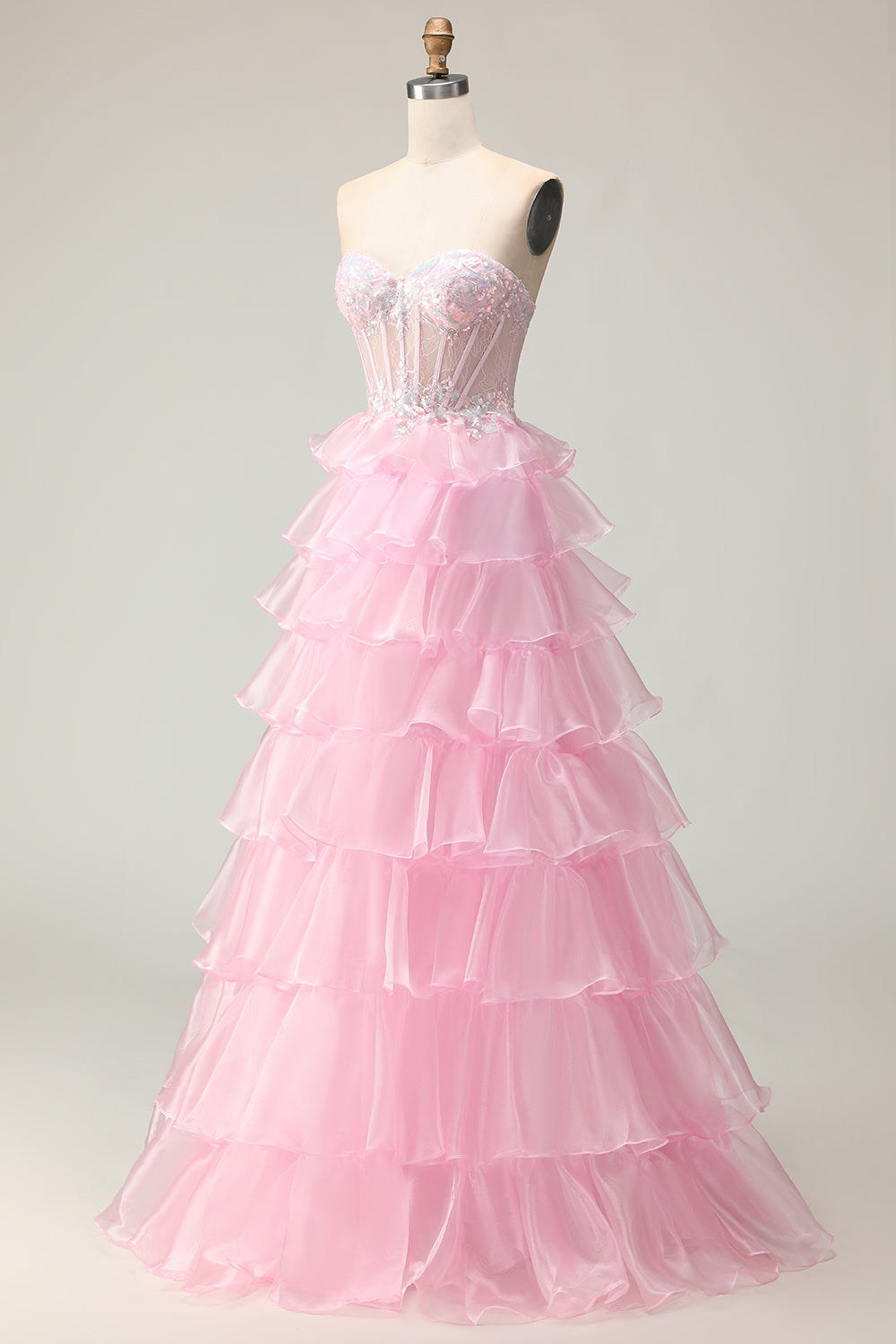 Blue Sweetheart Princess Corset Sequin Prom Dress With Ruffles