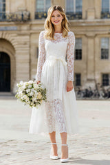 Ivory Lace A-Line Midi Rehearsal Dinner Dress With Long Sleeves