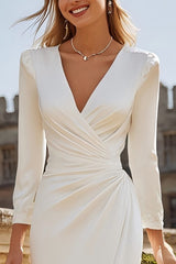 Ivory V-Neck Ruched Engagement Dress With Slit