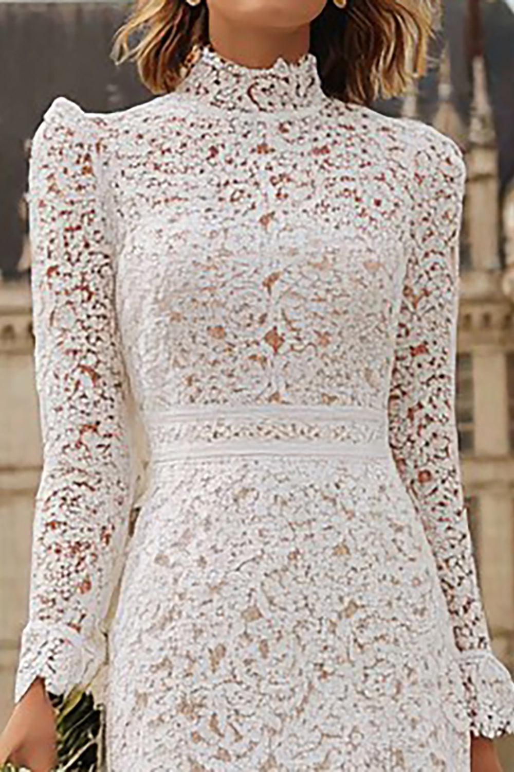 Sheath Lace Ivory Ruffled Wedding Dress With Long Sleeves