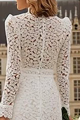 Sheath Lace Ivory Ruffled Wedding Dress With Long Sleeves