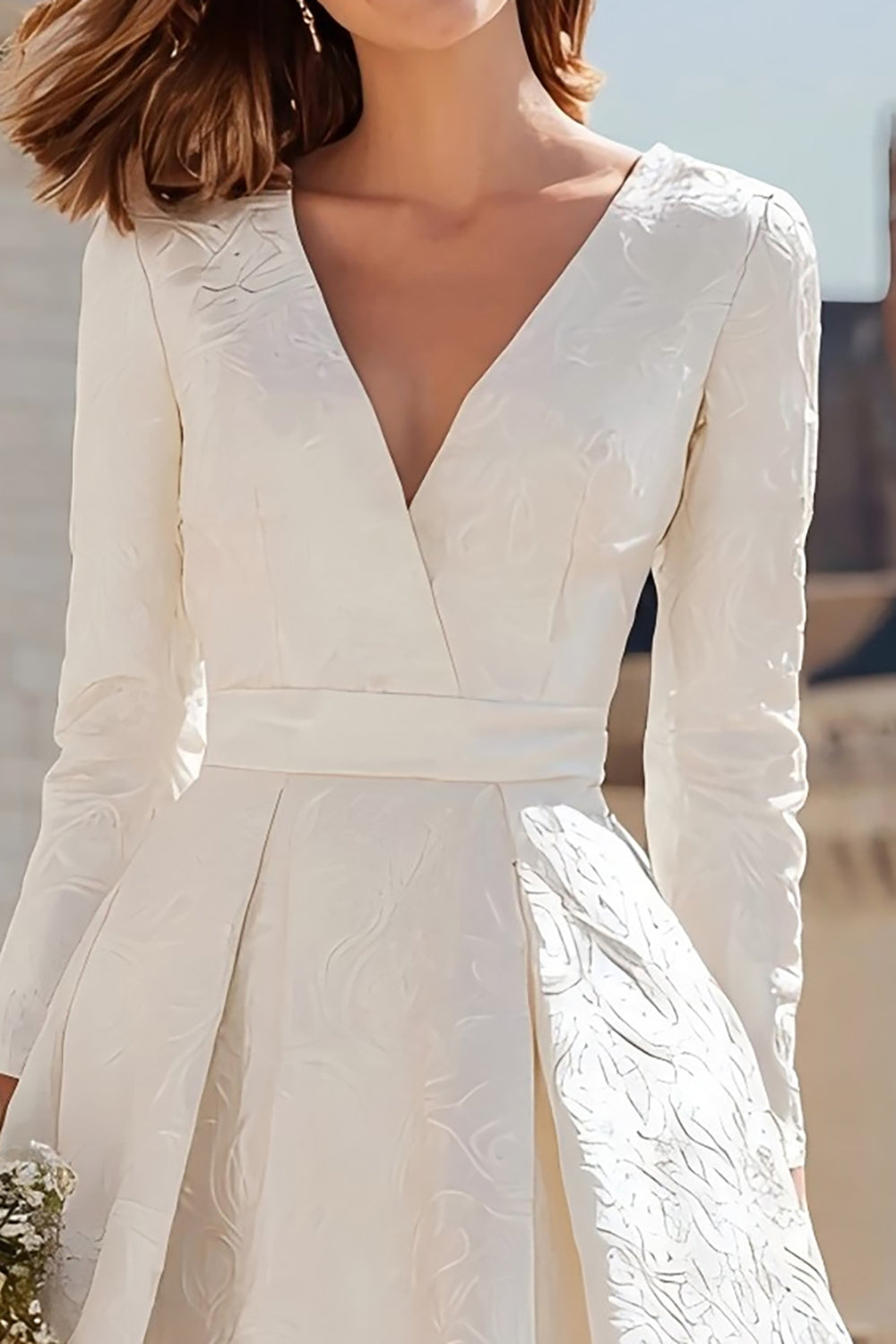 Ivory A-Line V-Neck Jacquard Midi Bridal Shower Dress