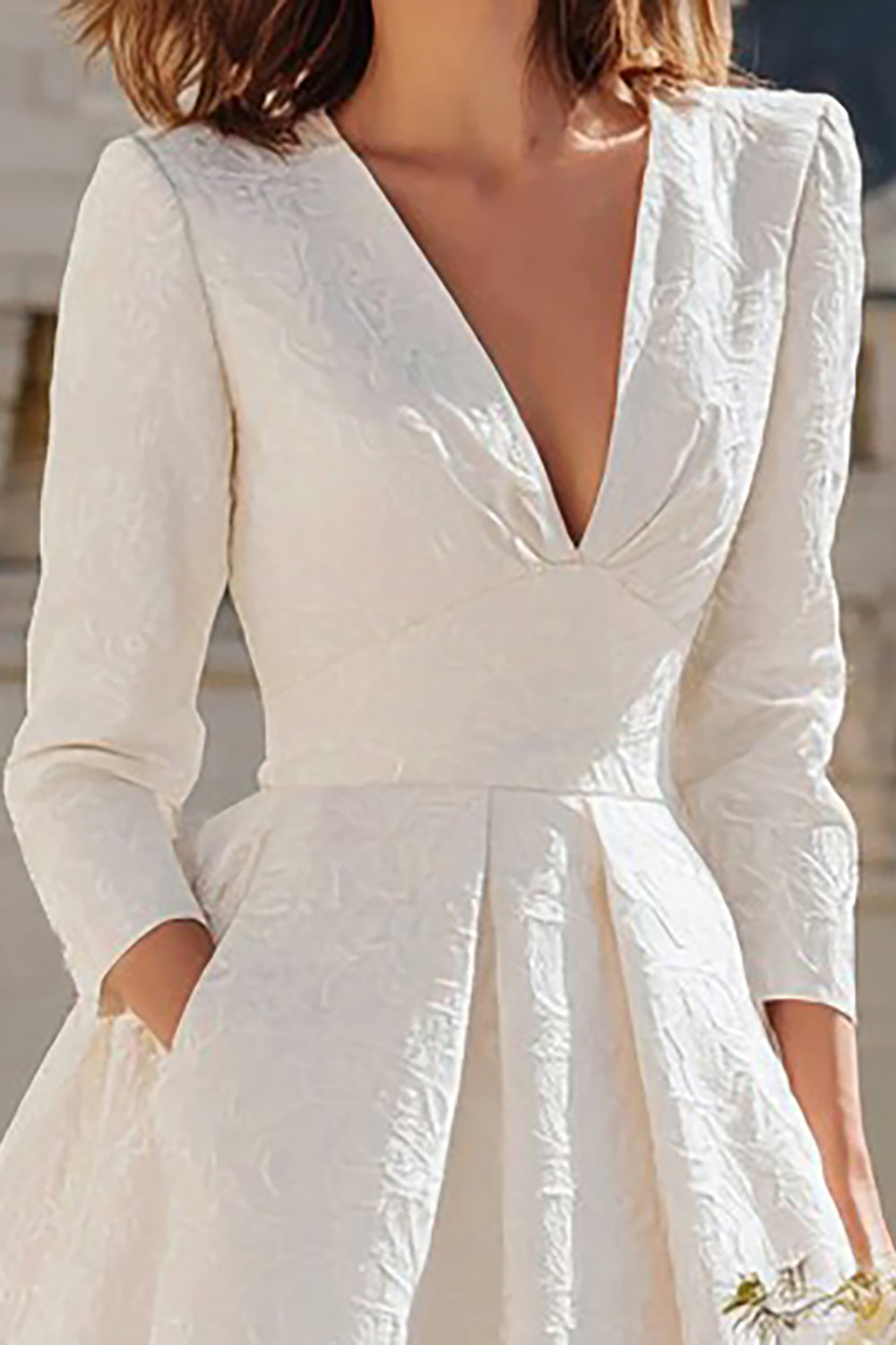 Ivory V-Neck Jacquard A-Line Midi Engagement Dress