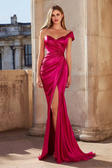 One Shoulder Fuchsia Mermaid Ruched Prom Dress With Slit