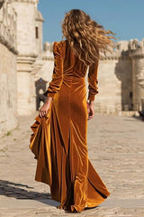 Caramel Ruffled Velvet Sheath Maxi Holiday Dress With Slit