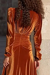 Caramel Velvet Ruched V-Neck Maxi Formal Dress With Slit