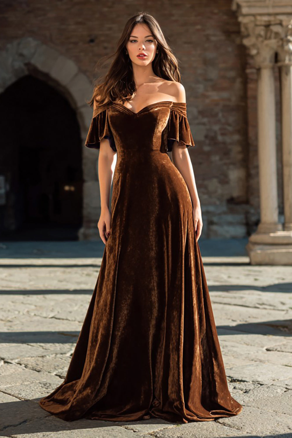 Brown A-Line Velvet Off The Shoulder Maxi Formal Dress