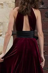 Burgundy Velvet Halter Keyhole Maxi Holiday Dress With Slit