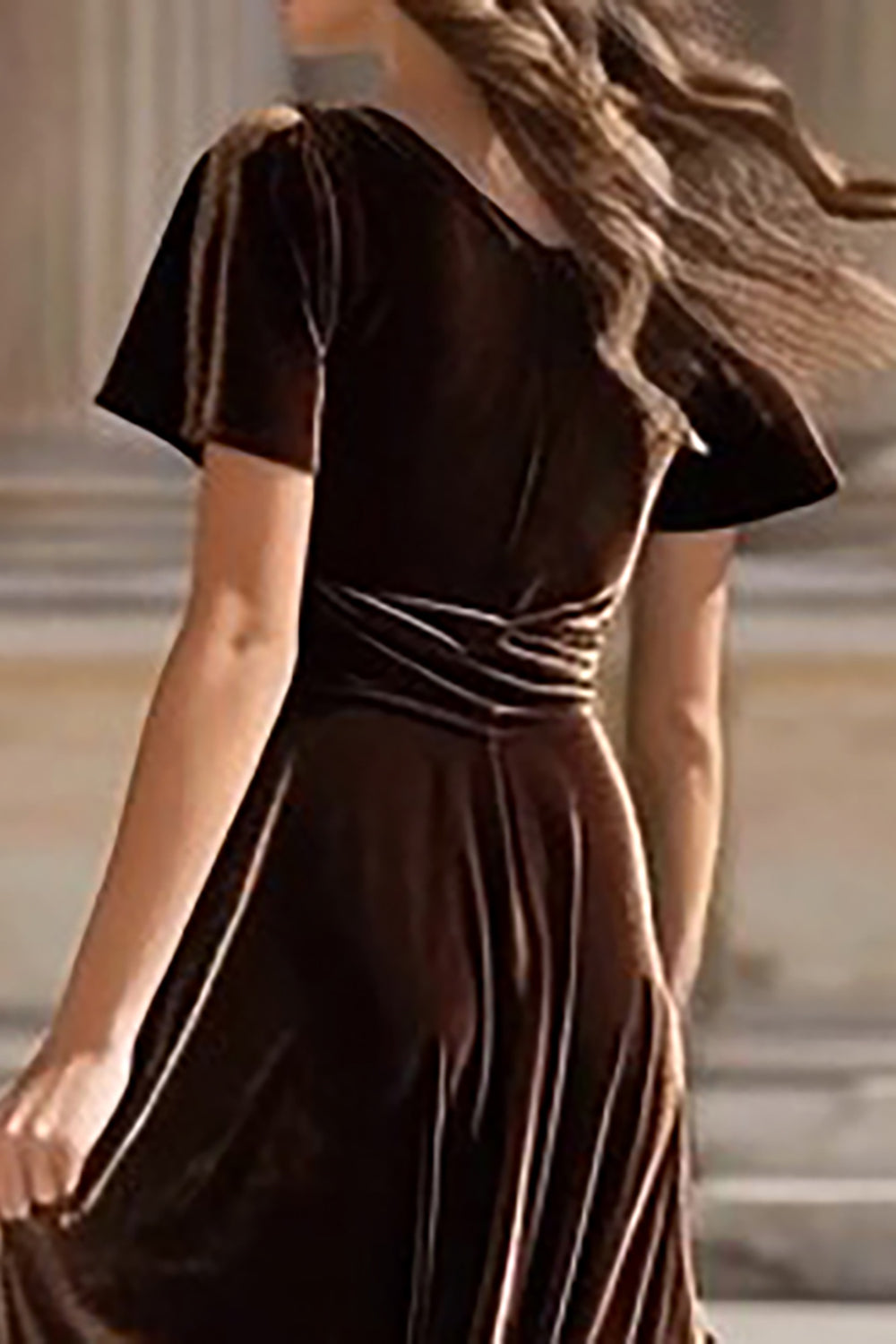 Brown A-Line Velvet V-Neck Maxi Holiday Dress With Slit