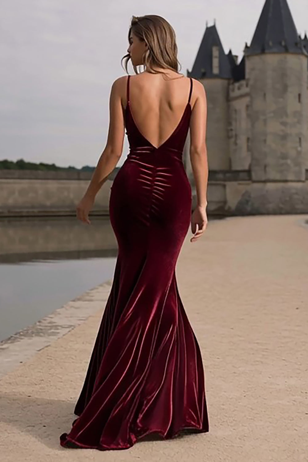 Mermaid Burgundy Velvet Spaghetti Straps Long Formal Dress