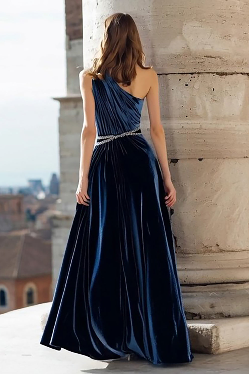 Navy One Shoulder Velvet A-Line Maxi Formal Dress With Beading
