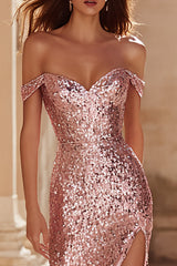 Pink Off The Shoulder Mermaid Sequin Prom Dress With Slit