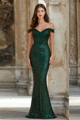Dark Green Off The Shoulder Mermaid Sequin Prom Dress