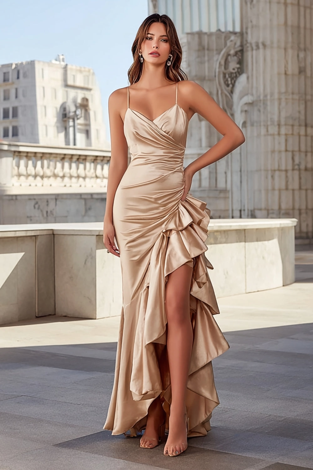 Champagne Ruffled Mermaid Spaghetti Straps Prom Dress With Slit