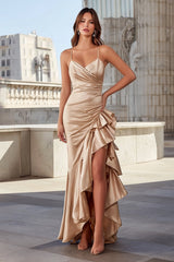 Champagne Ruffled Mermaid Spaghetti Straps Prom Dress With Slit