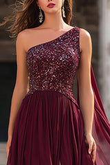 Burgundy One Shoulder Sequin A-Line Maxi Dress With Slit