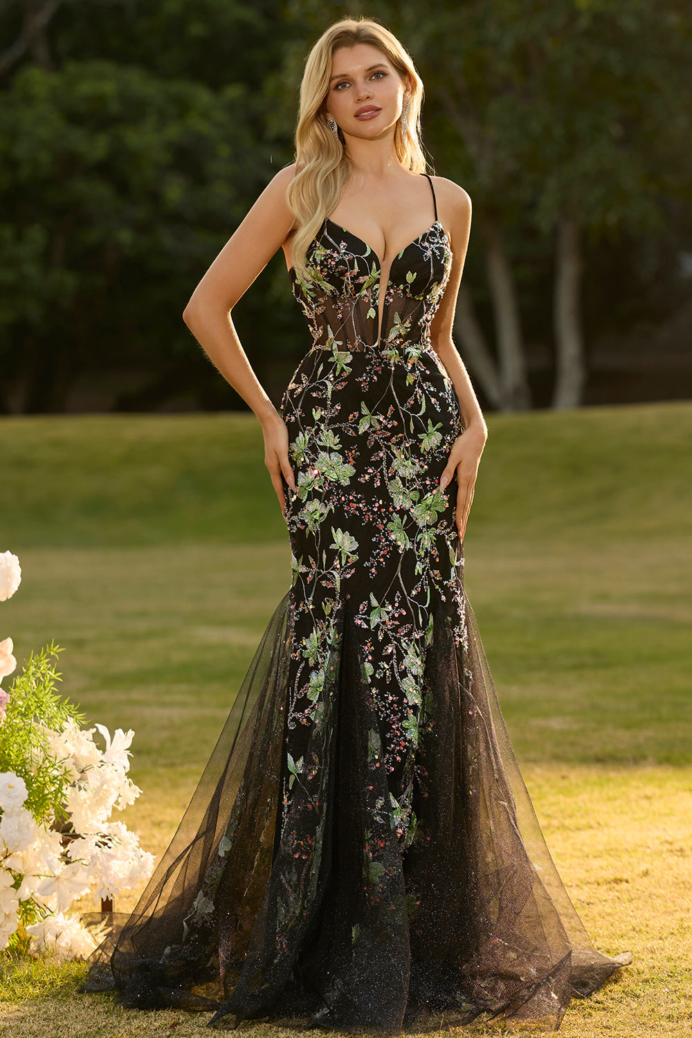 Pink Flower Mermaid Corset Spaghetti Straps Prom Dress With Sequins