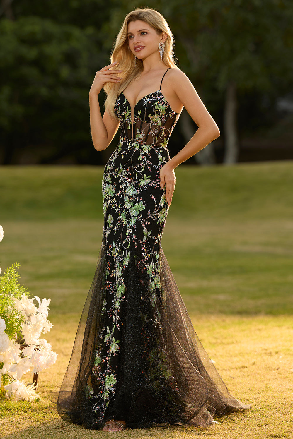 Pink Flower Mermaid Corset Spaghetti Straps Prom Dress With Sequins