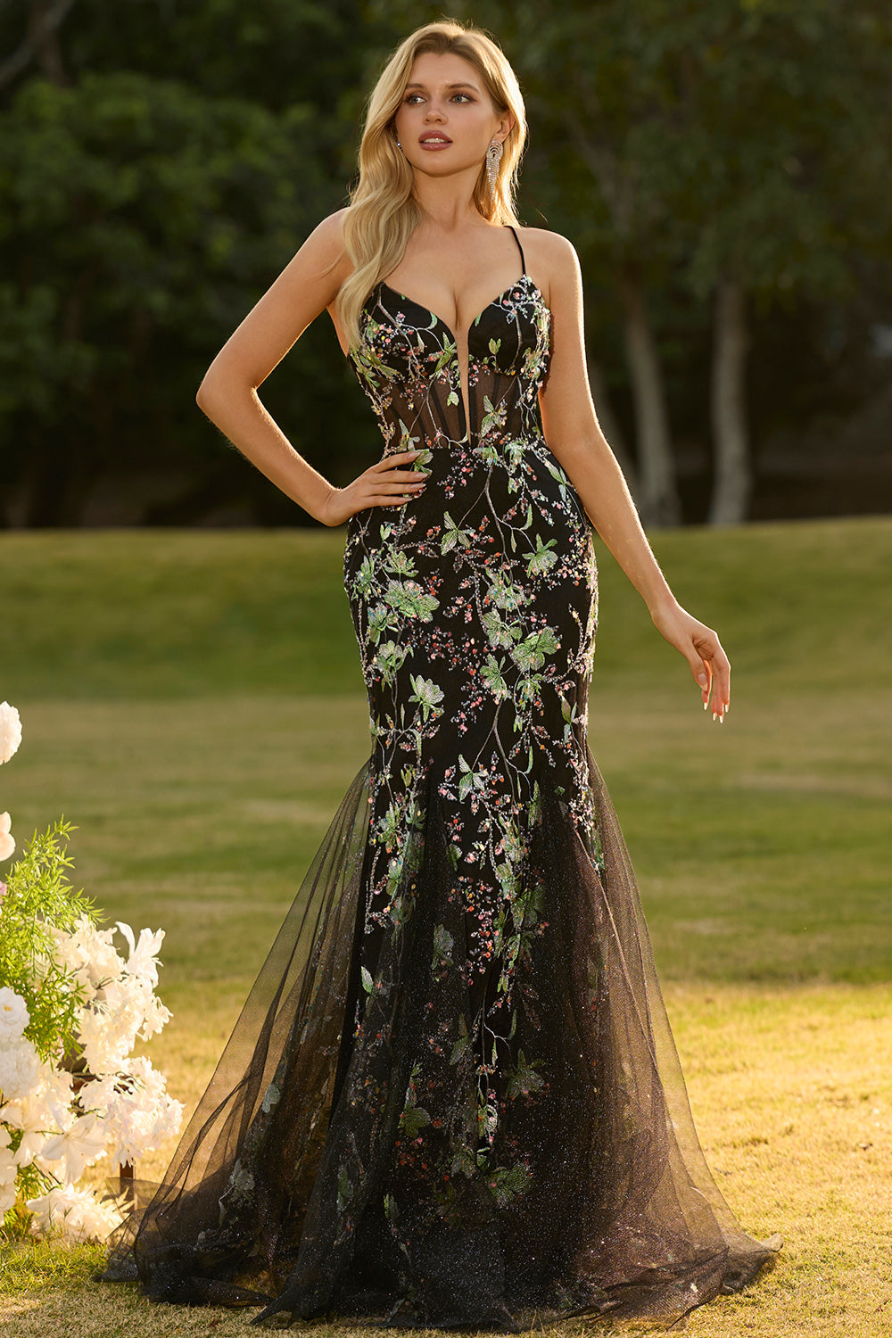 Pink Flower Mermaid Corset Spaghetti Straps Prom Dress With Sequins
