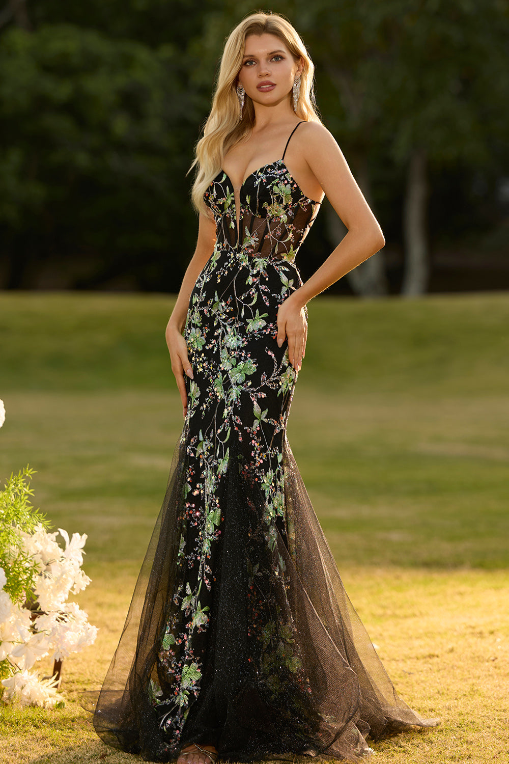 Pink Flower Mermaid Corset Spaghetti Straps Prom Dress With Sequins