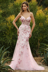Pink Flower Mermaid Corset Spaghetti Straps Prom Dress With Sequins