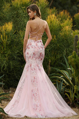 Pink Flower Mermaid Corset Spaghetti Straps Prom Dress With Sequins