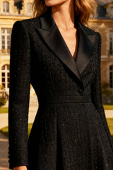 Black Peak Lapel A-Line Midi Work Dress