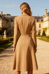 Khaki Peak Lapel A-Line Midi Work Dress
