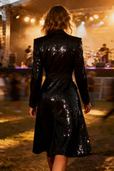 Sparkly Black Peak Lapel Midi Blazer Dress