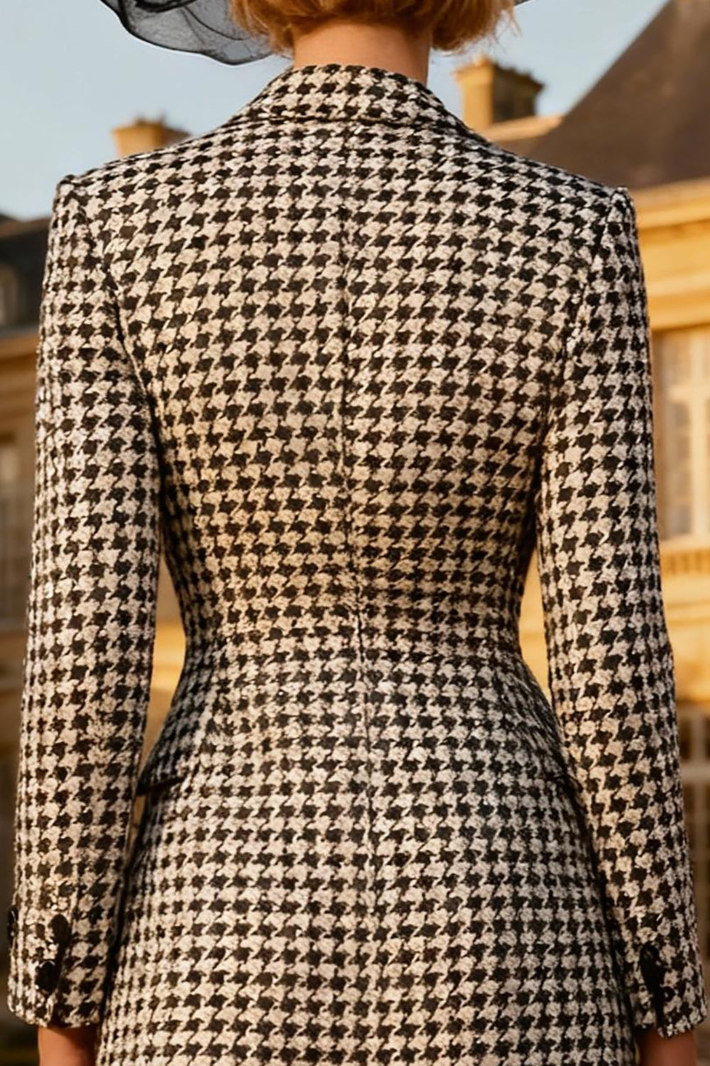 Black and White Houndstooth Peak Lapel Midi Work Dress
