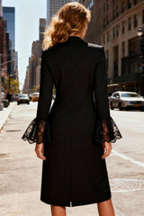 Black Pencil Peak Lapel Midi Business Dress With Lace Long Sleeves