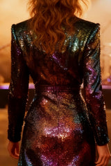 Burgundy Peak Lapel Blazer Dress With Sequins