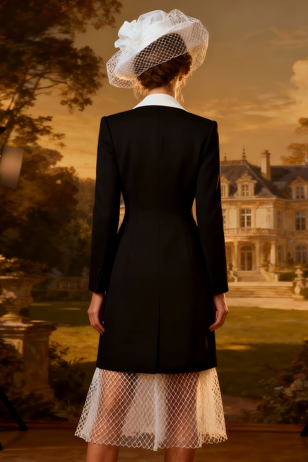 Black and White Peak Lapel Midi Blazer Dress