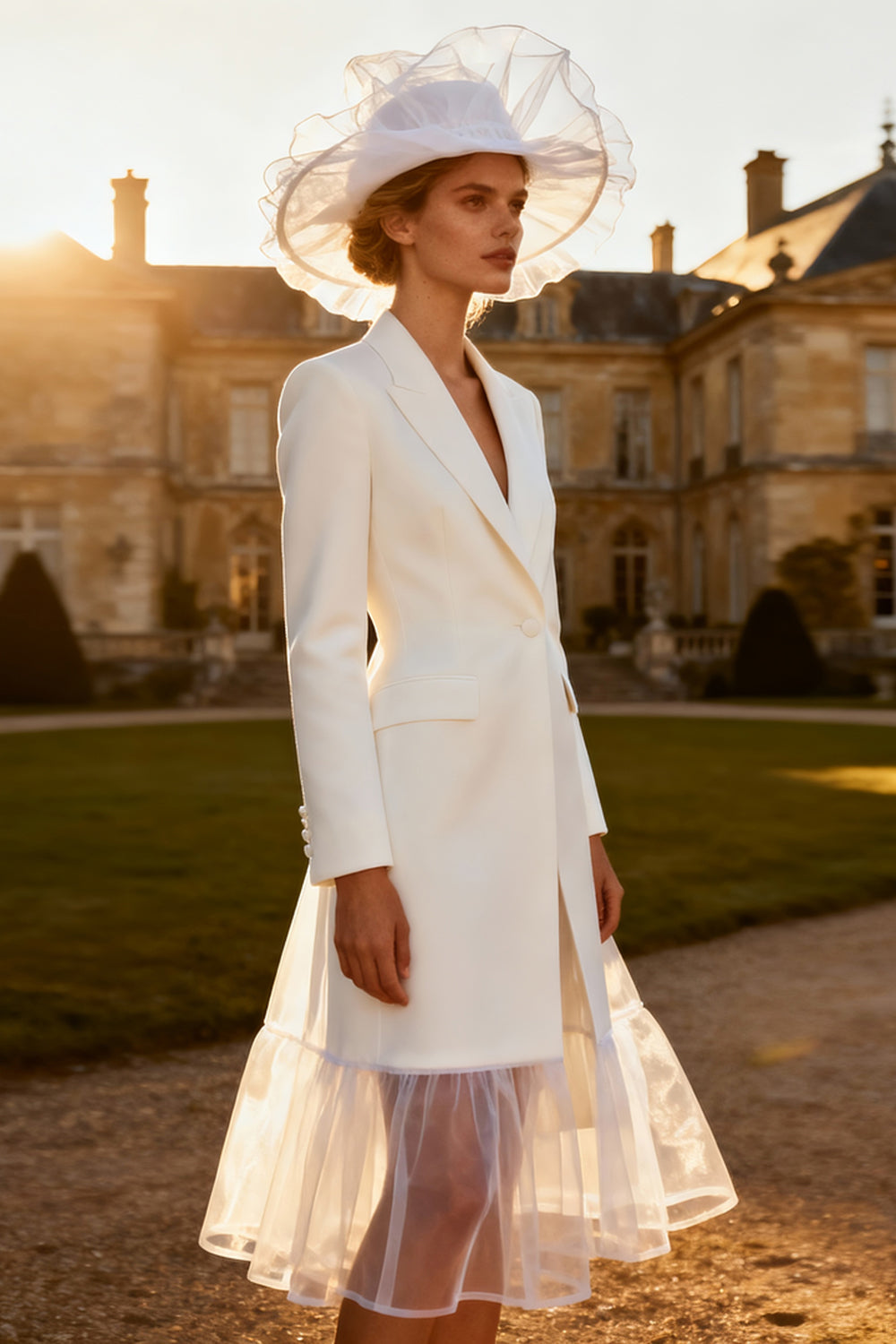 White Peak Lapel Long Sleeve Work Dress