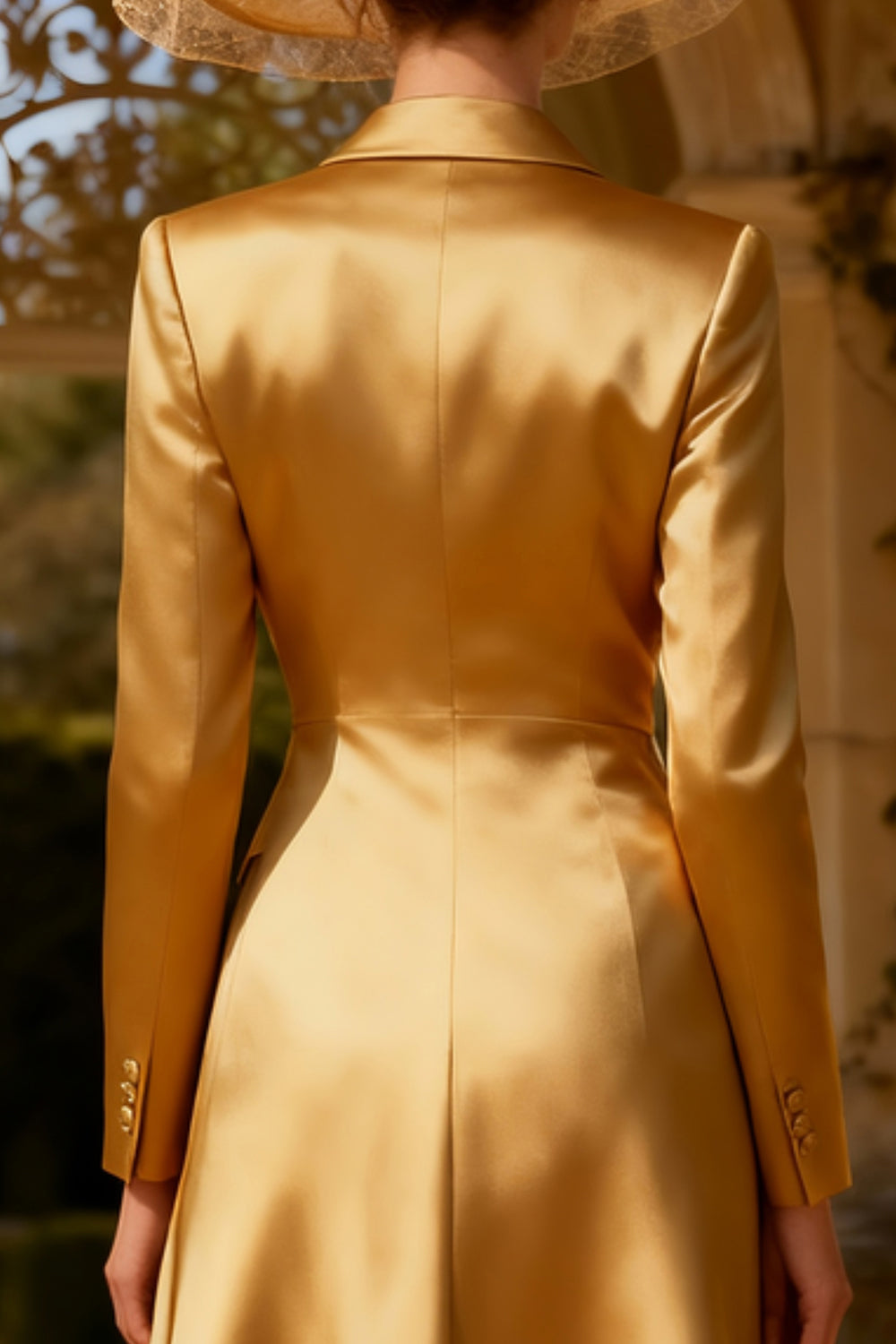 Gold Peak Lapel A-Line Midi Blazer Dress With Long Sleeves
